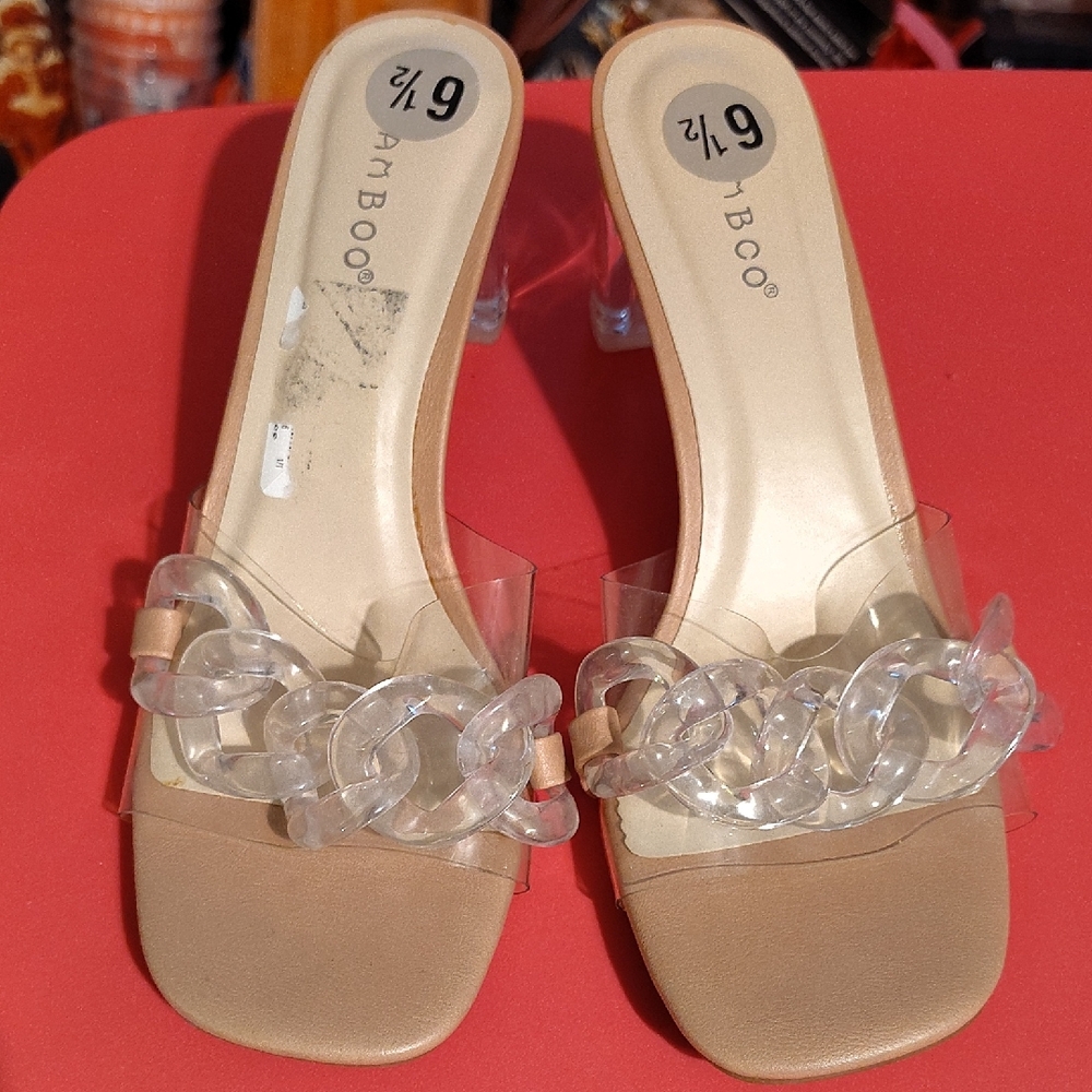 BAMBOO Women's Tan Mules with Clear Chain Detail Sz 6.5